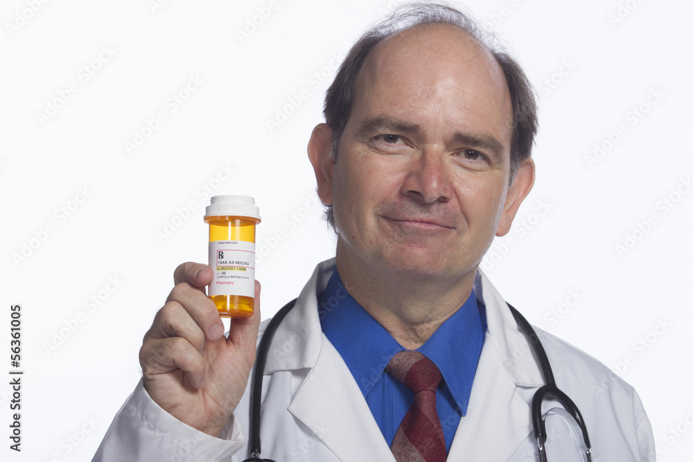 Doctor holding prescription bottle, horizontal Doctor holding prescription bottle, horizontal