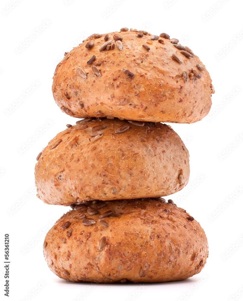 Three hamburger bun or roll with sesame seeds cutout Three hamburger bun or roll with sesame seeds cutout