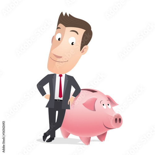 Manager, vendeur, commercial avec tirelire cochon. Vecteur CMJN