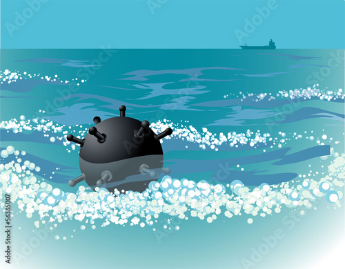 Naval mine in the sea. Vector.