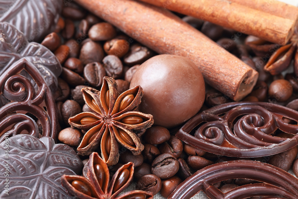 Anise, cinnamon, chocolate and coffee beans Anise, cinnamon, chocolate and coffee beans