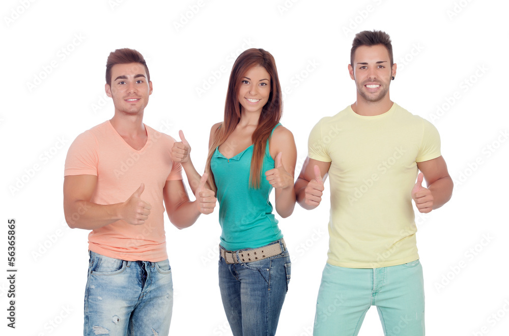 Two handsome boys with a beautiful girl saying Ok Two handsome boys with a beautiful girl saying Ok