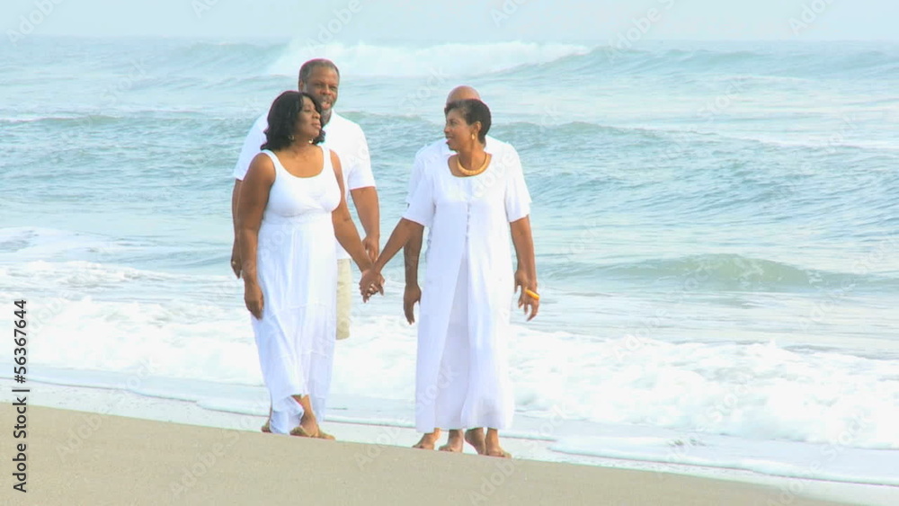 Senior African American Friends Walking Beach Senior African American Friends Walking Beach