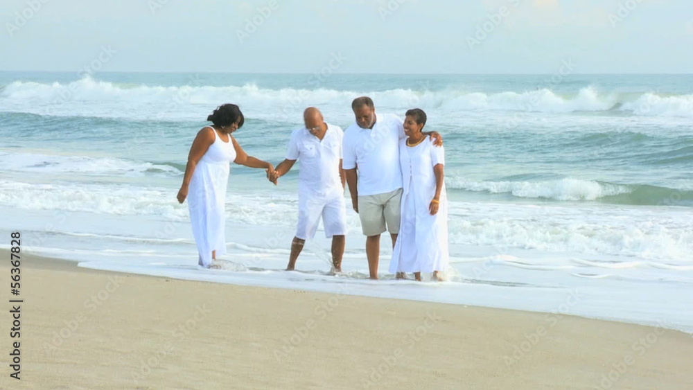Senior African American Friends Walking Beach Senior African American Friends Walking Beach