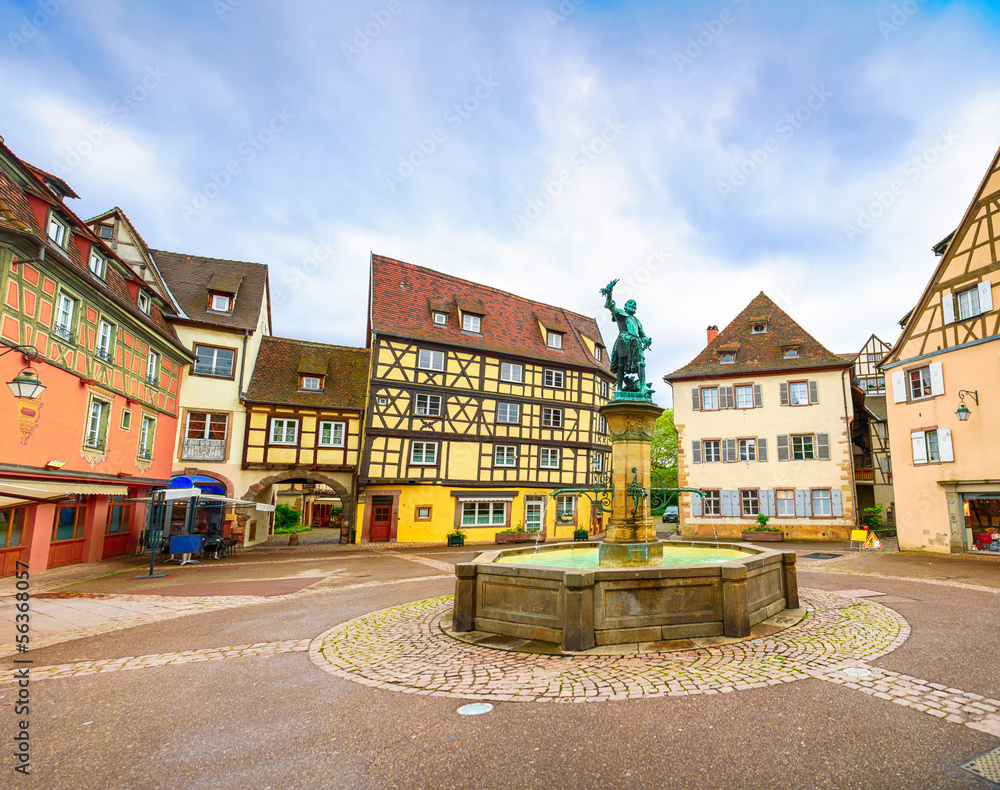 Colmar, Petit Venice, fountain and square. Alsace, France.
