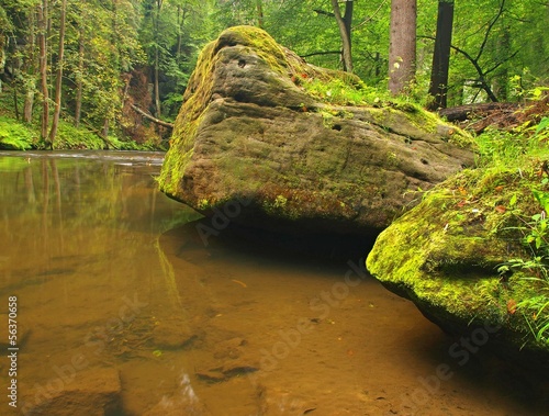 Big mossy sandstone boulders in water of mountain river