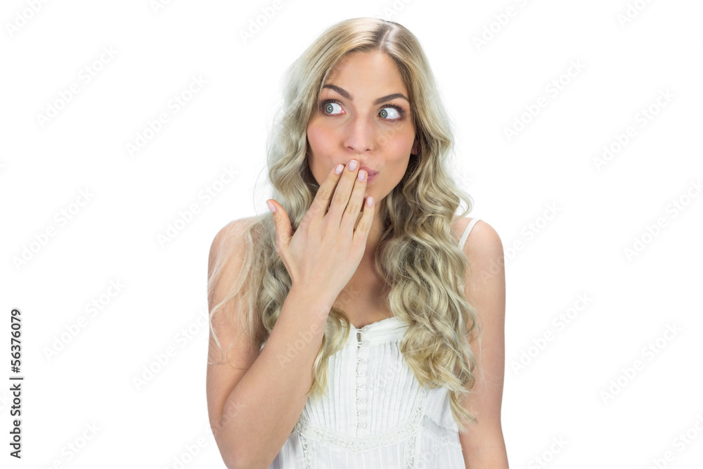 Astonished seductive model in white dress posing Astonished seductive model in white dress posing