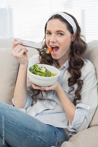 Cute casual woman on cosy couch eating salad © lightwavemedia