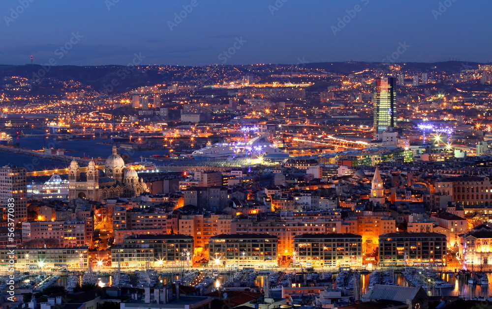 night cityscape of Marseille and the Mediterranean harbour
