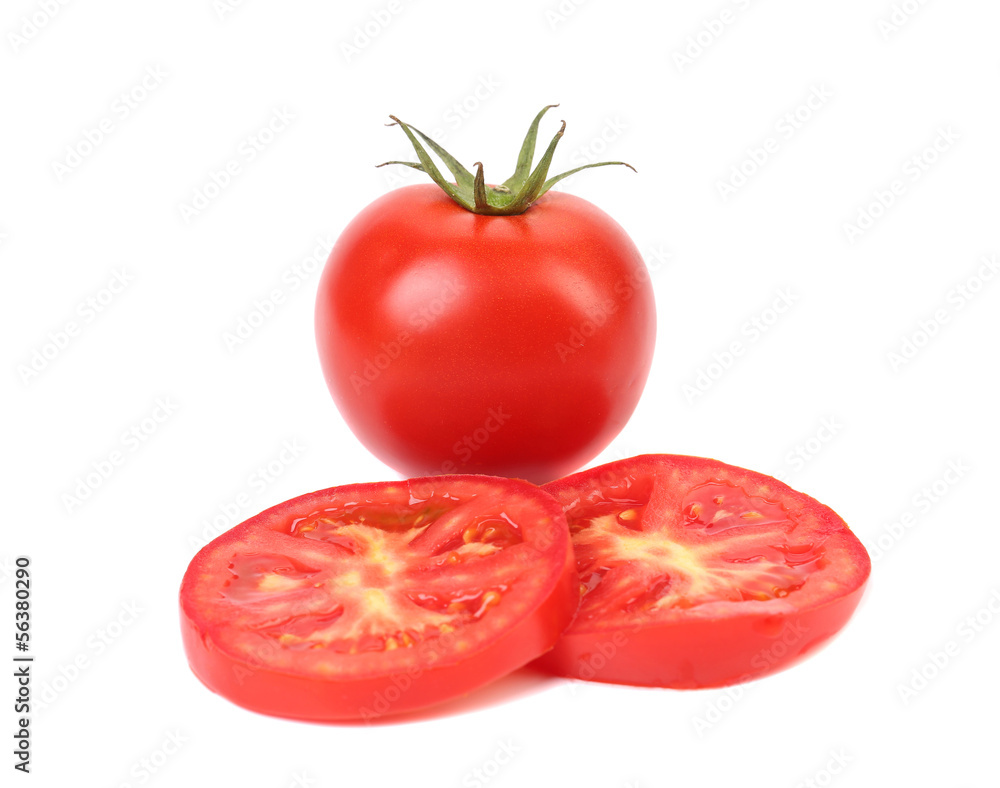 Fresh slices of tomato and entire potato Fresh slices of tomato and entire potato