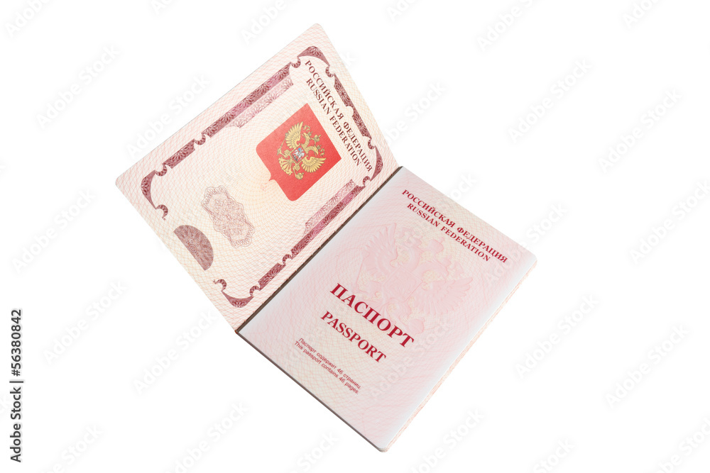 Fototapeta premium Opened foriegn Russian passport isolated on white with path