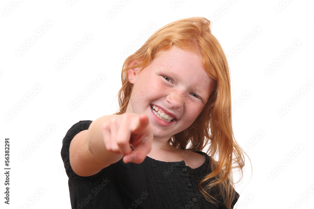Junges Mädchen mit ausgestrecktem Finger Junges Mädchen mit ausgestrecktem Finger