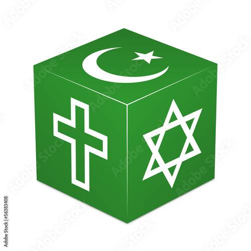 Green cube with religious symbols - Christianity, Islam, Judaism