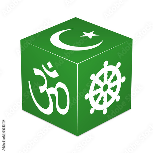 Green cube with religious symbols - Hinduism, Buddhism, Islam