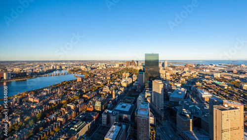 Boston aerial view with skyscrapers at sunset