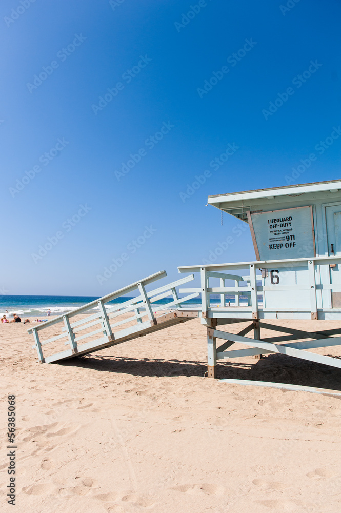 Life Guard Tower under the blue sky in Malibu beach Life Guard Tower under the blue sky in Malibu beach