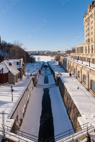 Sluice gate on Rideau Canal in winter time in Ottawa, Canada