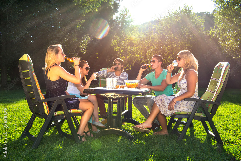 Friends enjoying garden party on a sunny afternoon Friends enjoying garden party on a sunny afternoon