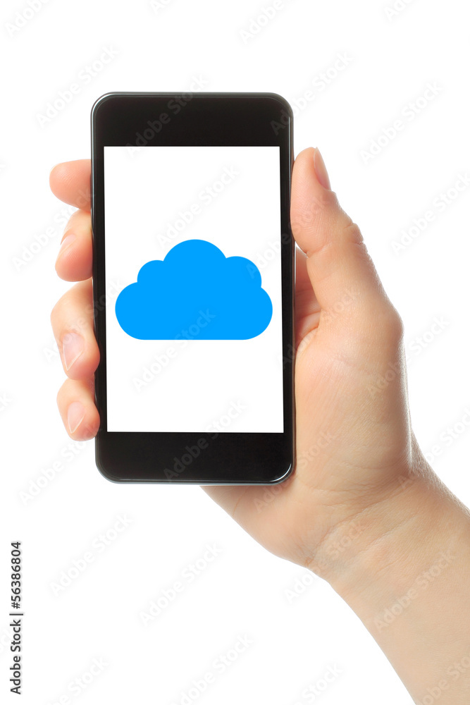 Woman hand holds smart phone with cloud computing concept 