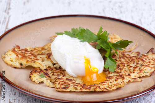 parsnip pancakes with pouched eggs photo