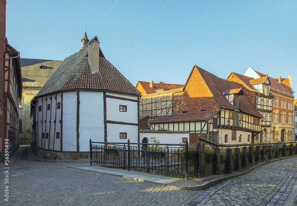 the street with half-timbered houses in Quedlinburg, Germany