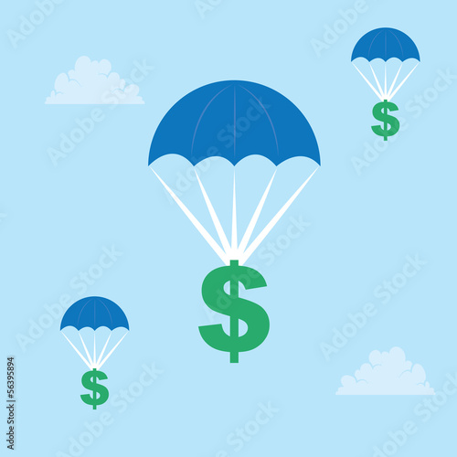 Dollar signs parachuting down from the sky