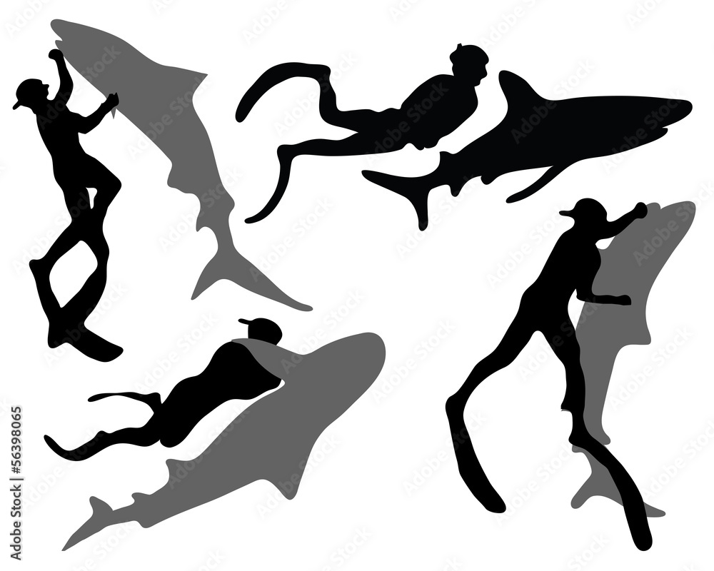 Silhouettes of divers and sharks, vector Silhouettes of divers and sharks, vector