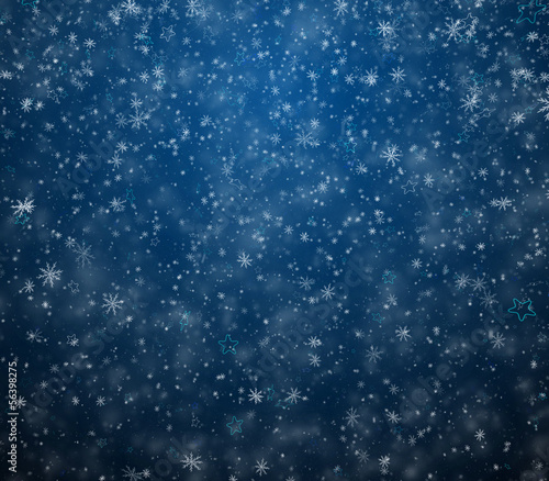 Frosty winter background, falling snowflakes and stars