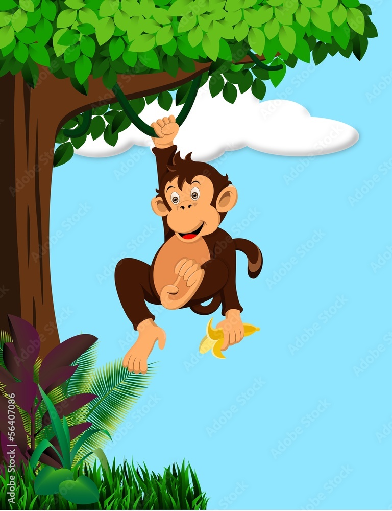 Funny monkey cartoon in the forest Stock Vector | Adobe Stock