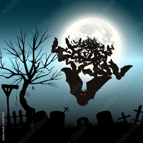 Halloween vector background with moon and bats