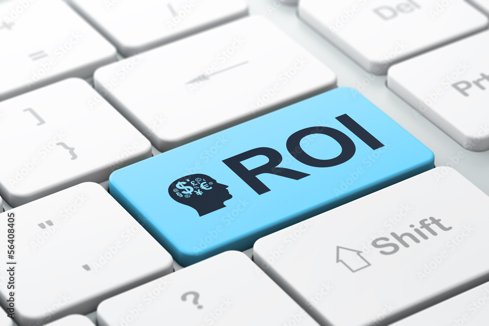 Finance concept: Head With Finance Symbol and ROI on computer ke Finance concept: Head With Finance Symbol and ROI on computer ke