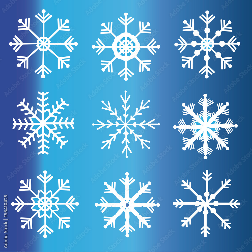 Snowflake, Vector set of 9 pietses on a blue background. Snowflake, Vector set of 9 pietses on a blue background.