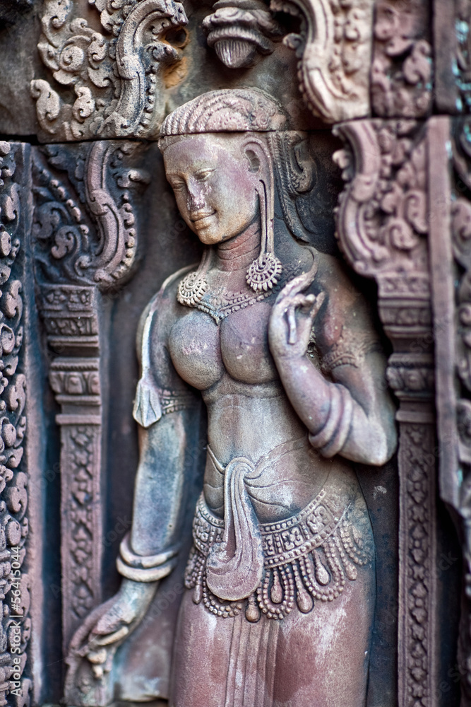 Fototapeta premium Ancient Bass Relief at Banteay Srey Temple, Cambodia