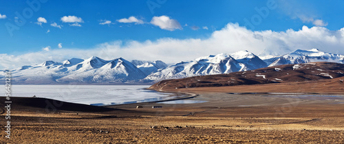 Fotografie, Obraz Panorama of Lake Manasarovar and Gurla Mandhata Peak, Tibet