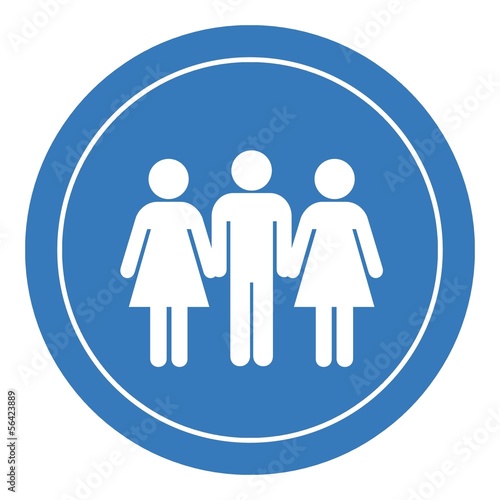 2 femmes et 1 homme dans un panneau rond bleu