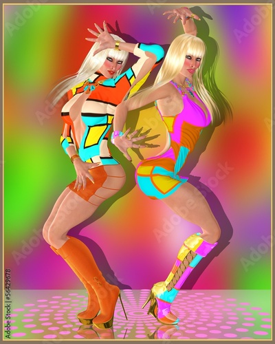 Dancing blonde girls on abstract background, retro