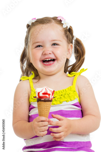 happy kid girl eating ice c...