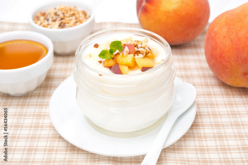 homemade yogurt with honey, fresh peaches and nuts homemade yogurt with honey, fresh peaches and nuts