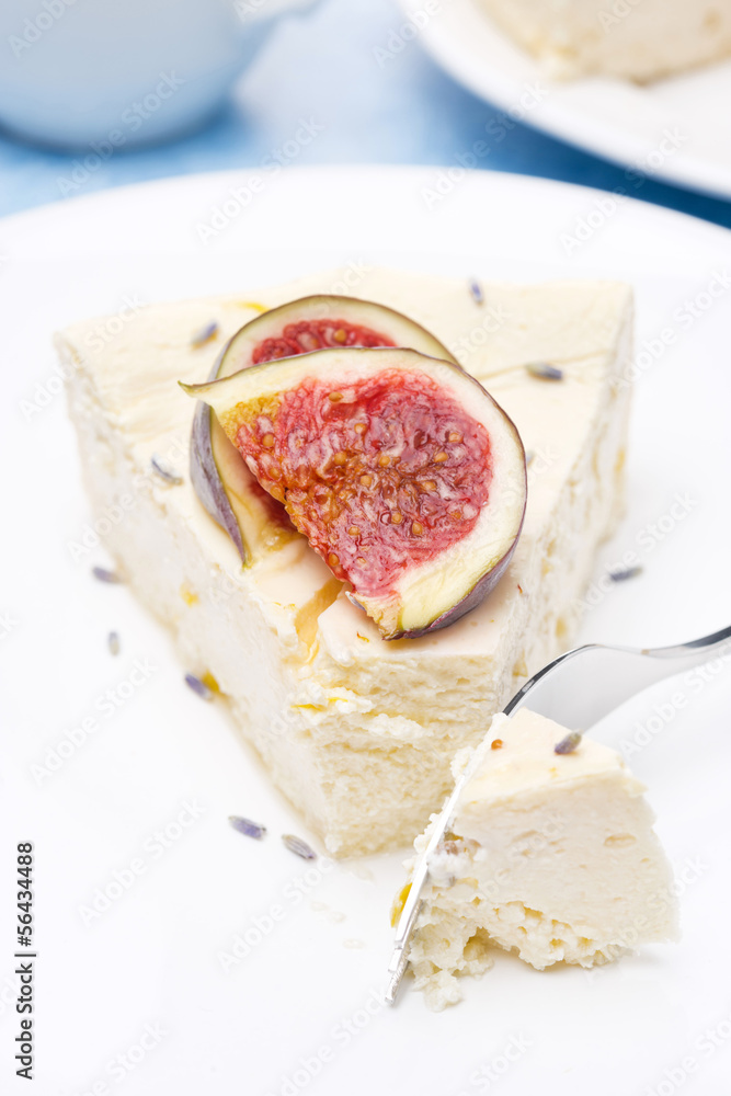 piece of cheesecake with honey and lavender and fresh figs piece of cheesecake with honey and lavender and fresh figs