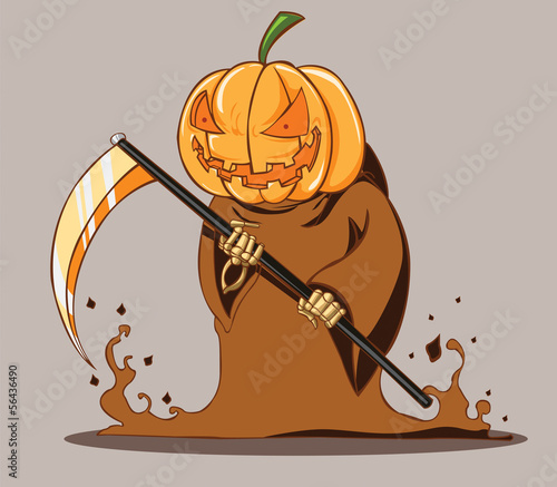The Grim monster with scythe. pumpkin head