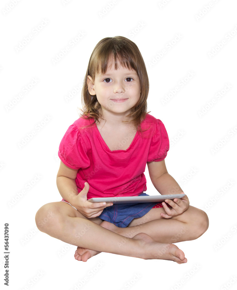 Little girl using tablet on white background Little girl using tablet on white background