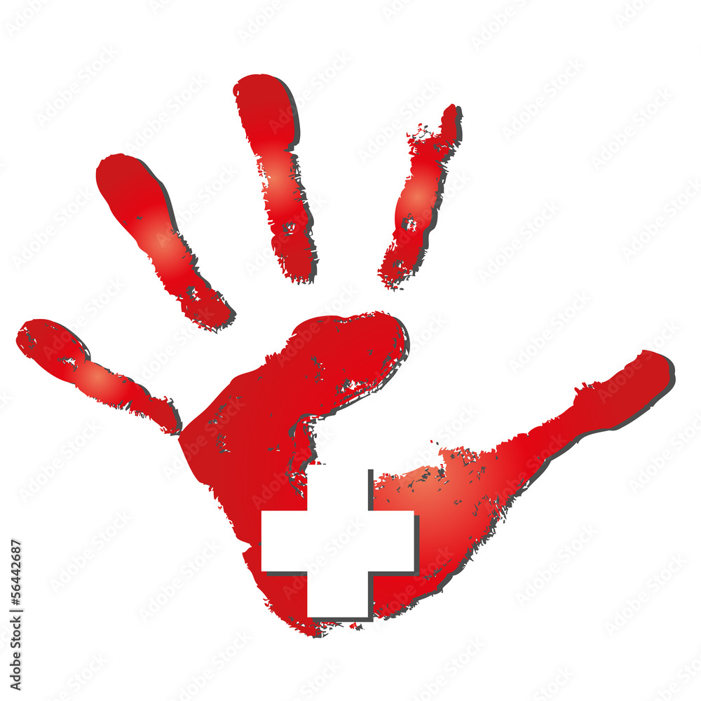 Conceptual red painted hand and cross Conceptual red painted hand and cross