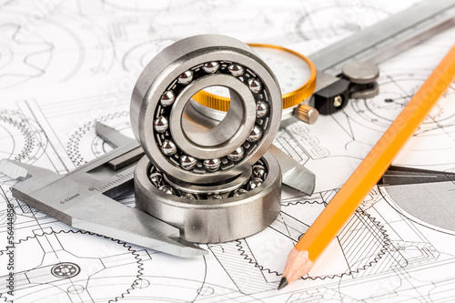 Plakat w ramie Ball bearings on technical drawing