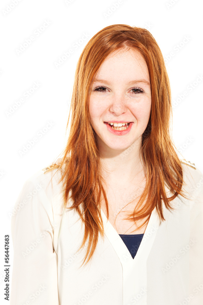 portrait of cute redheaded girl, isolated on white background portrait of cute redheaded girl, isolated on white background