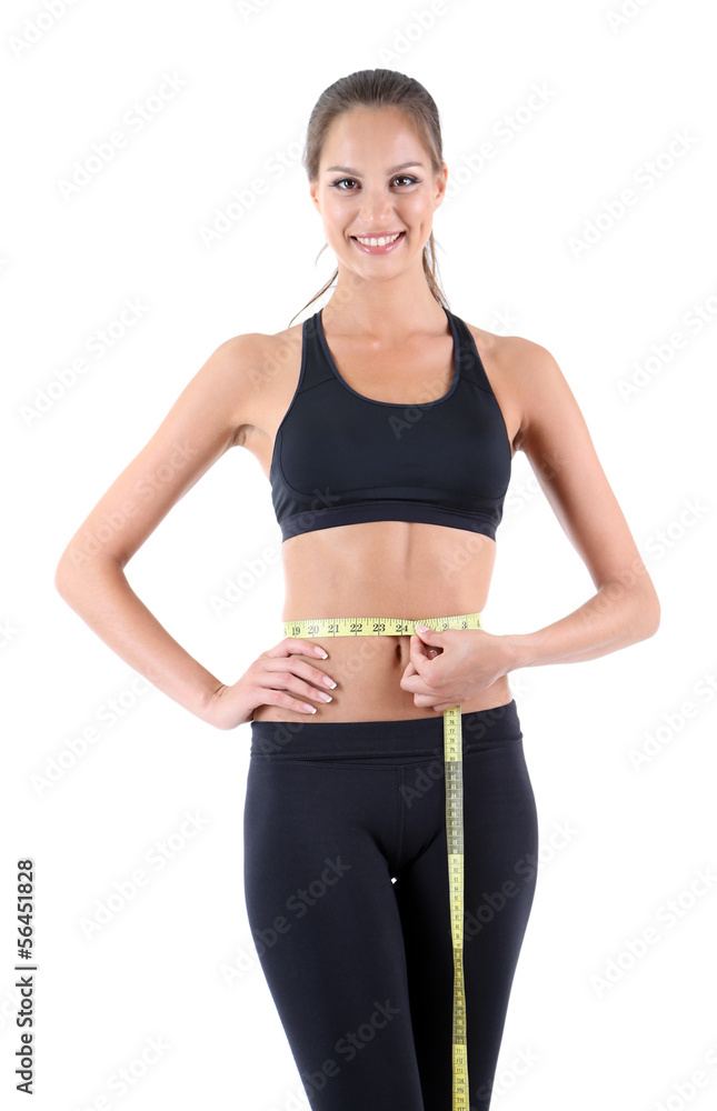 Young woman with measuring tape, isolated on white Young woman with measuring tape, isolated on white
