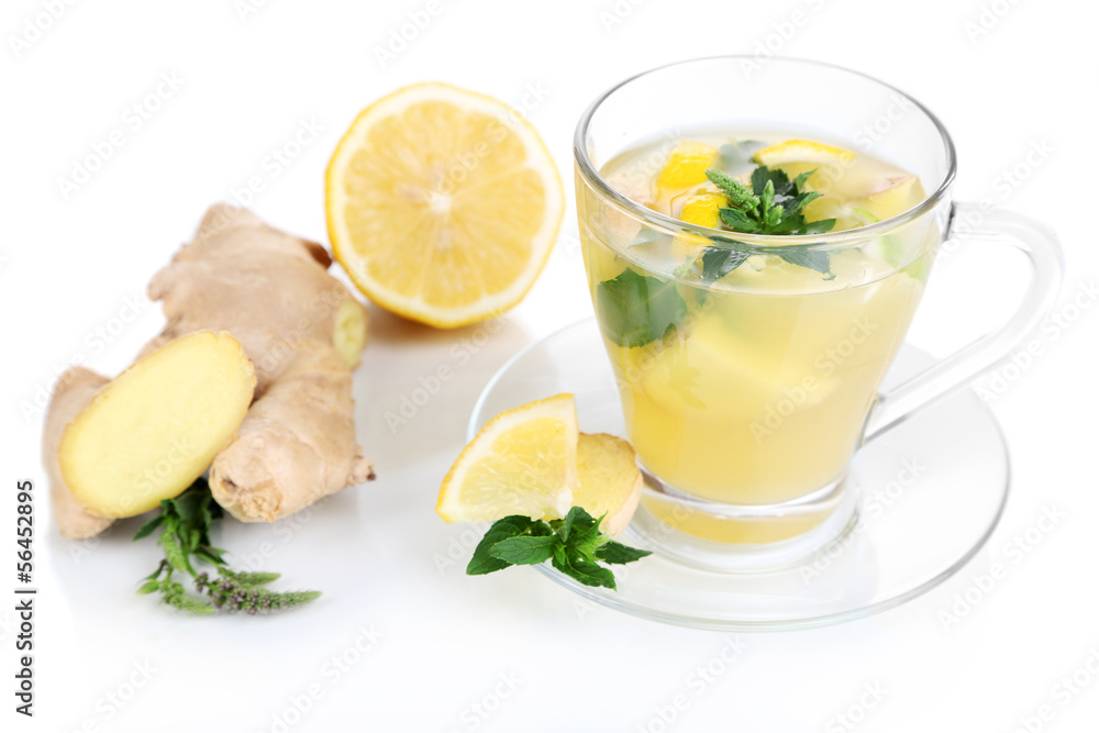 Cup of tea with ginger isolated on white Cup of tea with ginger isolated on white