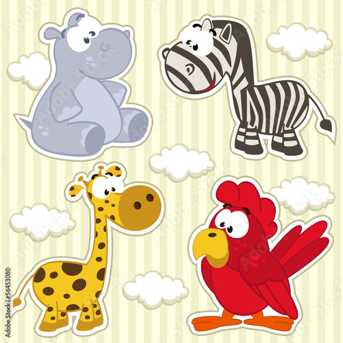 icon set animal hippo, giraffe, zebra, parrot - vector