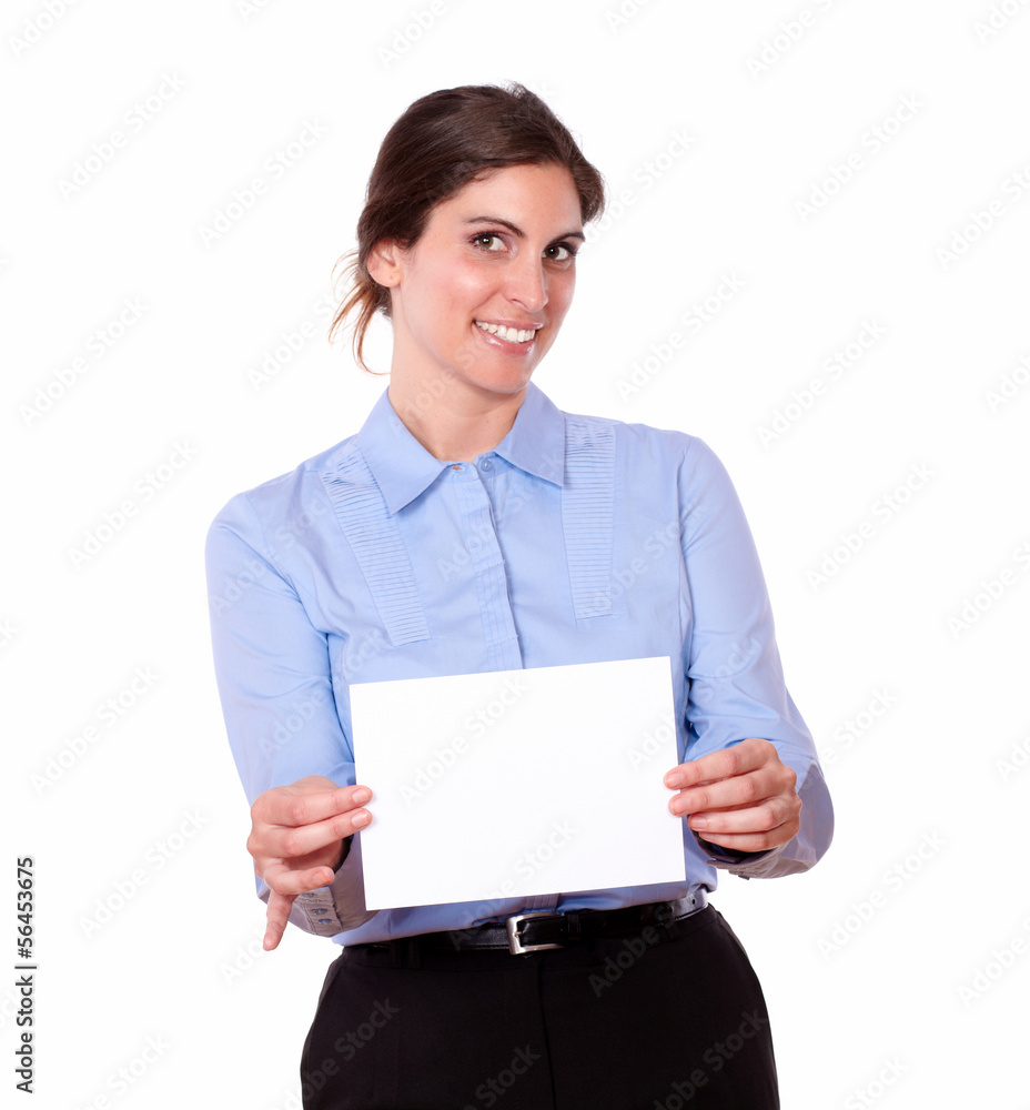 Attractive young woman holding a blank card Attractive young woman holding a blank card