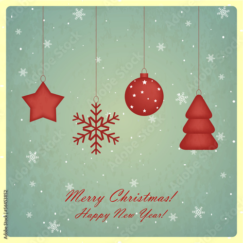 Christmas and New Year greeting card with star, snowflake, chris