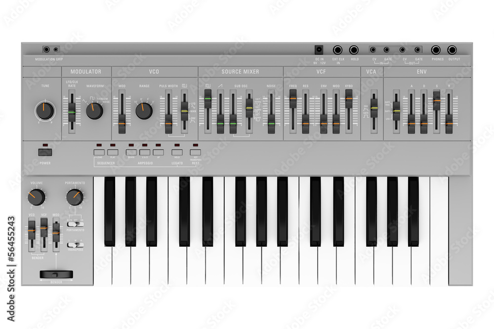 Naklejka premium top view of gray synthesizer isolated on white background